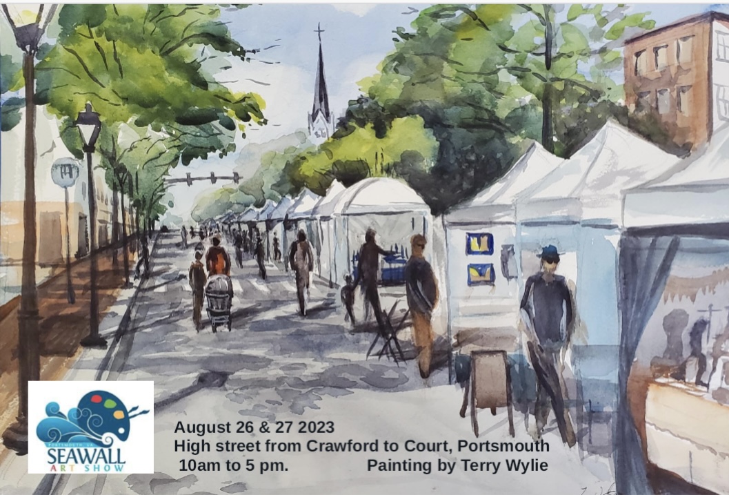 Watercolor painting of High Street with Seawall Art Show set up