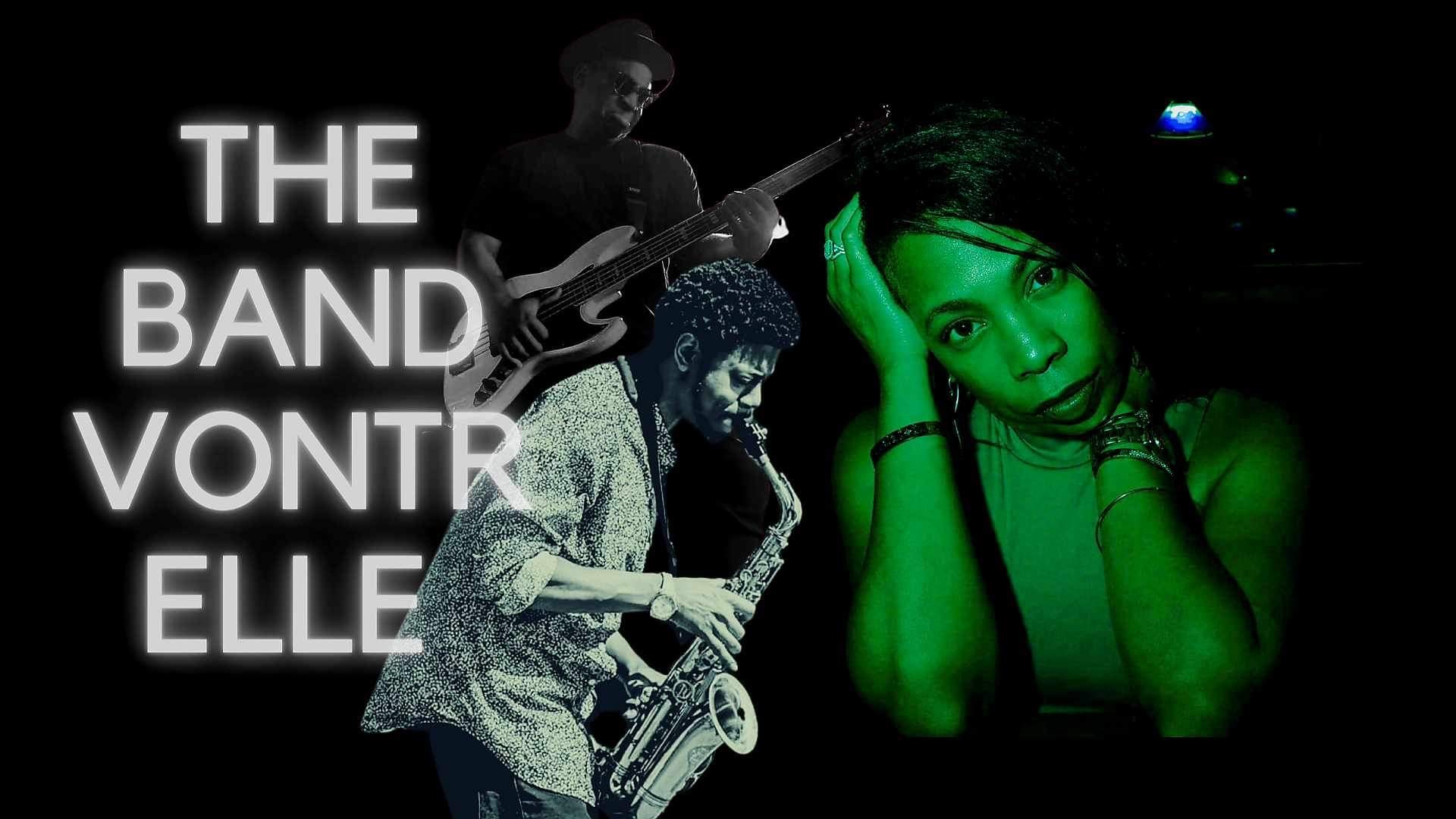 Vontrelle, saxophone player and guitar player against black background