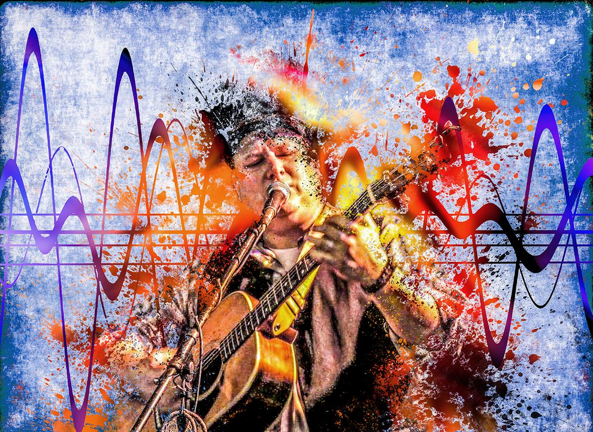 Singer with guitar and colorful background