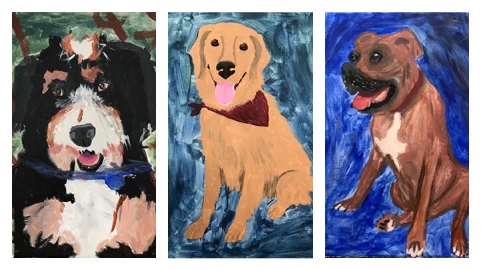 three dogs on one painting