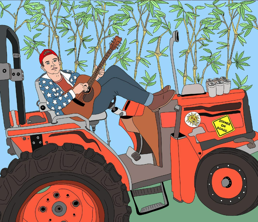 illustration of Cody on a red tractor playing guitar - cover of Sticks and Stoned album