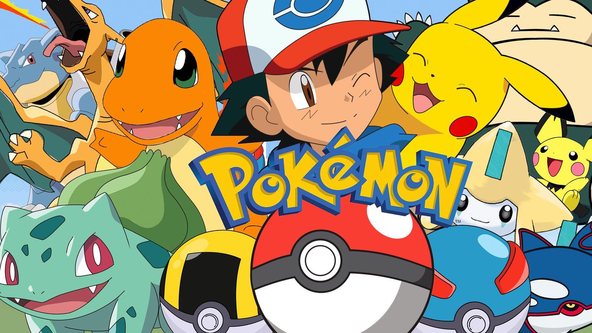 Pokemon characters with logo in the center