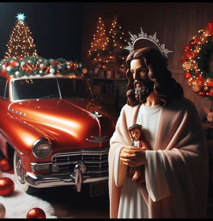 Christ statue, classic car, and christmas lights