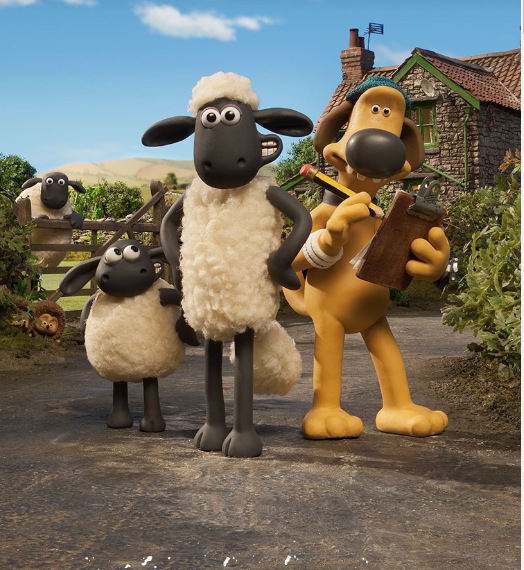 Shaun the Sheep and Pals in front of country cottage
