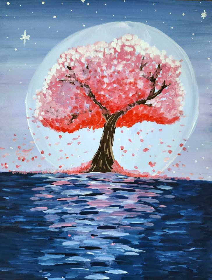 Painting of pink tree with reflection