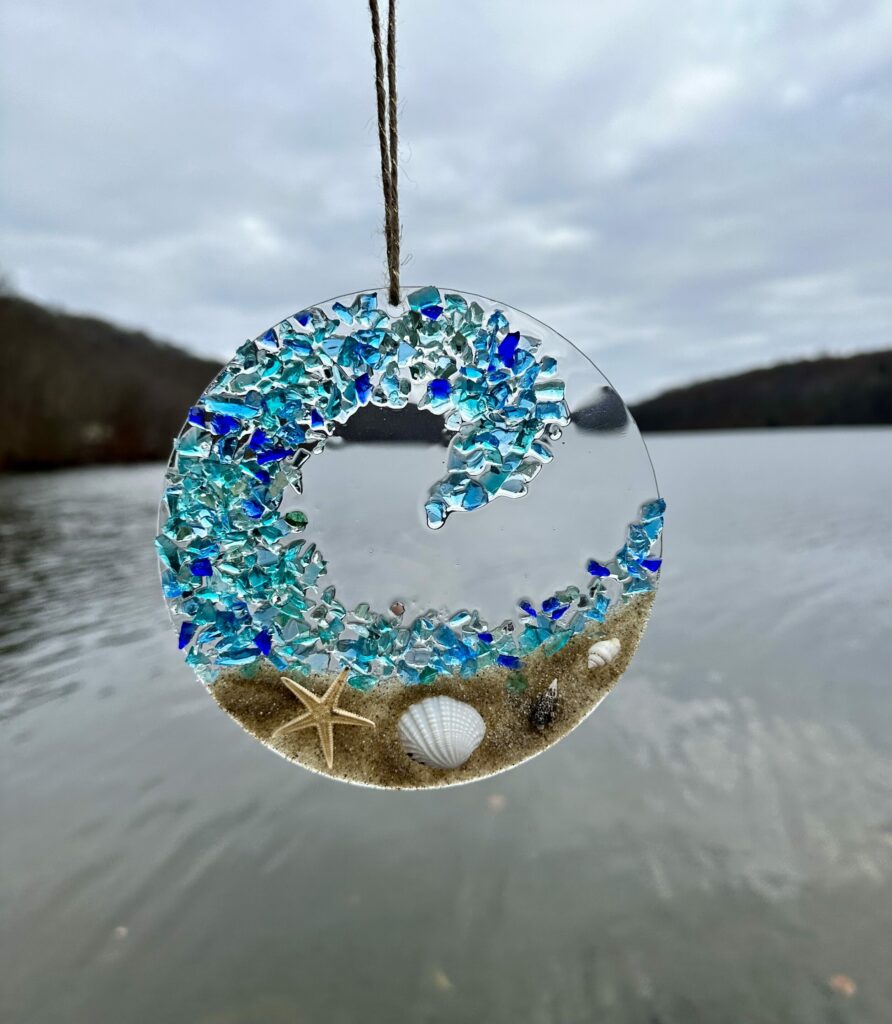 seascape suncatcher with water background made from resin and glass