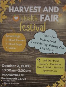 Flyer for the 2nd Annual Harvest Fest and Health Fair Festival on October 3, 2026, from 10 a.m. to 2 p.m. at New Berean Baptist Church, 3600 Bamboo Road, Portsmouth. The event features blood pressure, blood sugar and vision screenings, plus family activities including games, food, face painting, a petting zoo and live music. A health panel will include a doctor, pharmacist, mental health professional, therapist and spiritual care. For more information, call 757-483-4821 or visit nbccministry.com.